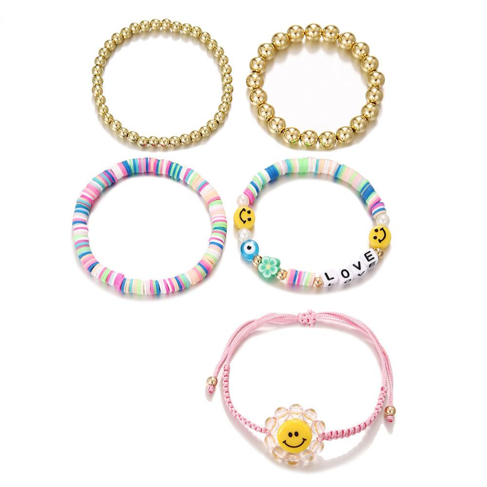 Bohemian Geometric Heart Smile Resin Bracelet with Pearl Beads for Women