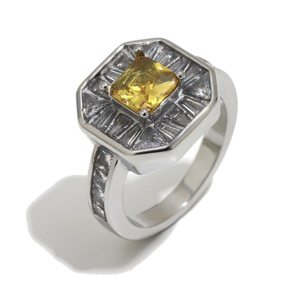 Vintage Elegant 18K Gold Plated Square Geometric Stainless Steel Ring with Full Cubic Zirconia for Women