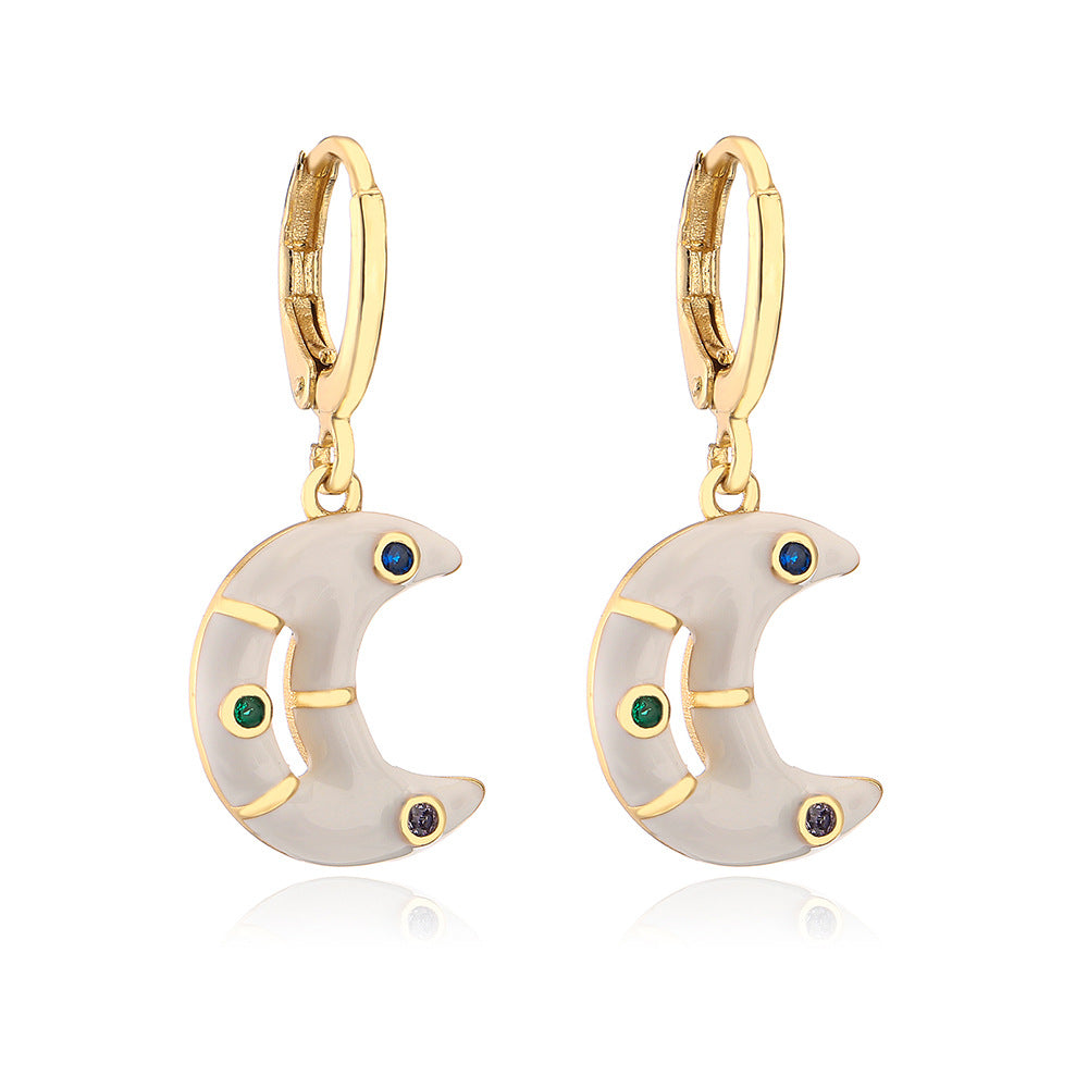 Orecchini bohémien a forma di luna in rame placcato oro con finitura smaltata da donna
