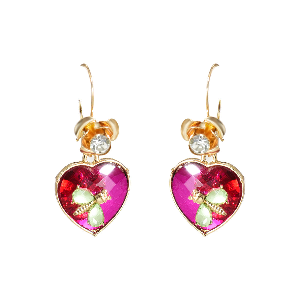 Orecchini a Cuore Geometrico in Acciaio al Titanio con Intarsi in Strass e Motivo a Libellula da Donna