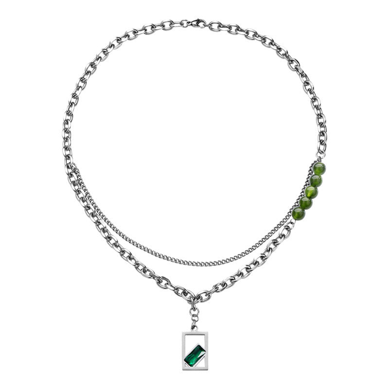 Collana Minimalista Geometrica a Doppio Strato in Acciaio al Titanio con Ciondolo a Gemma Verde Lucida Unisex
