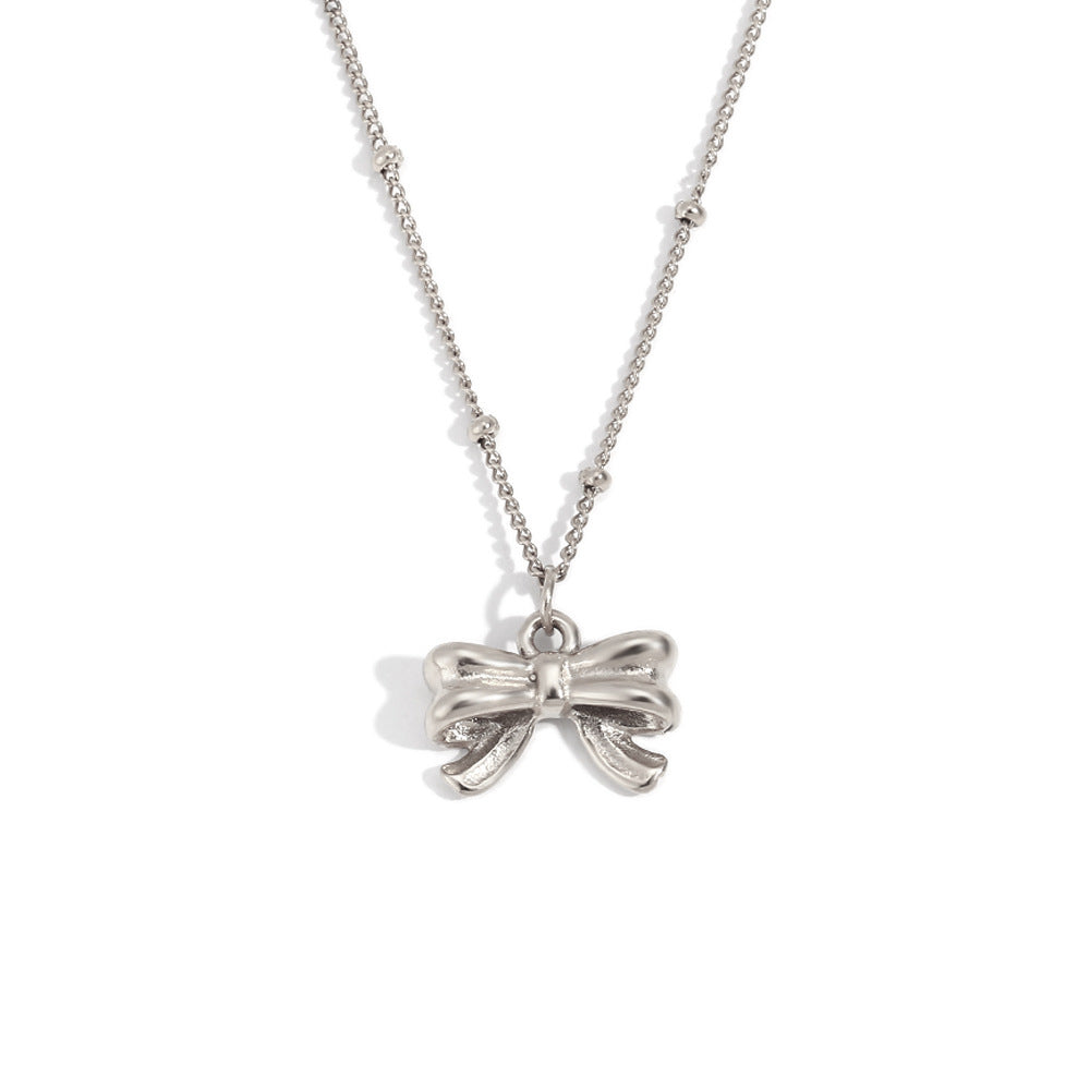 Minimalist Bow-Shaped Stainless Steel Necklace with 18K Gold Plating for Women