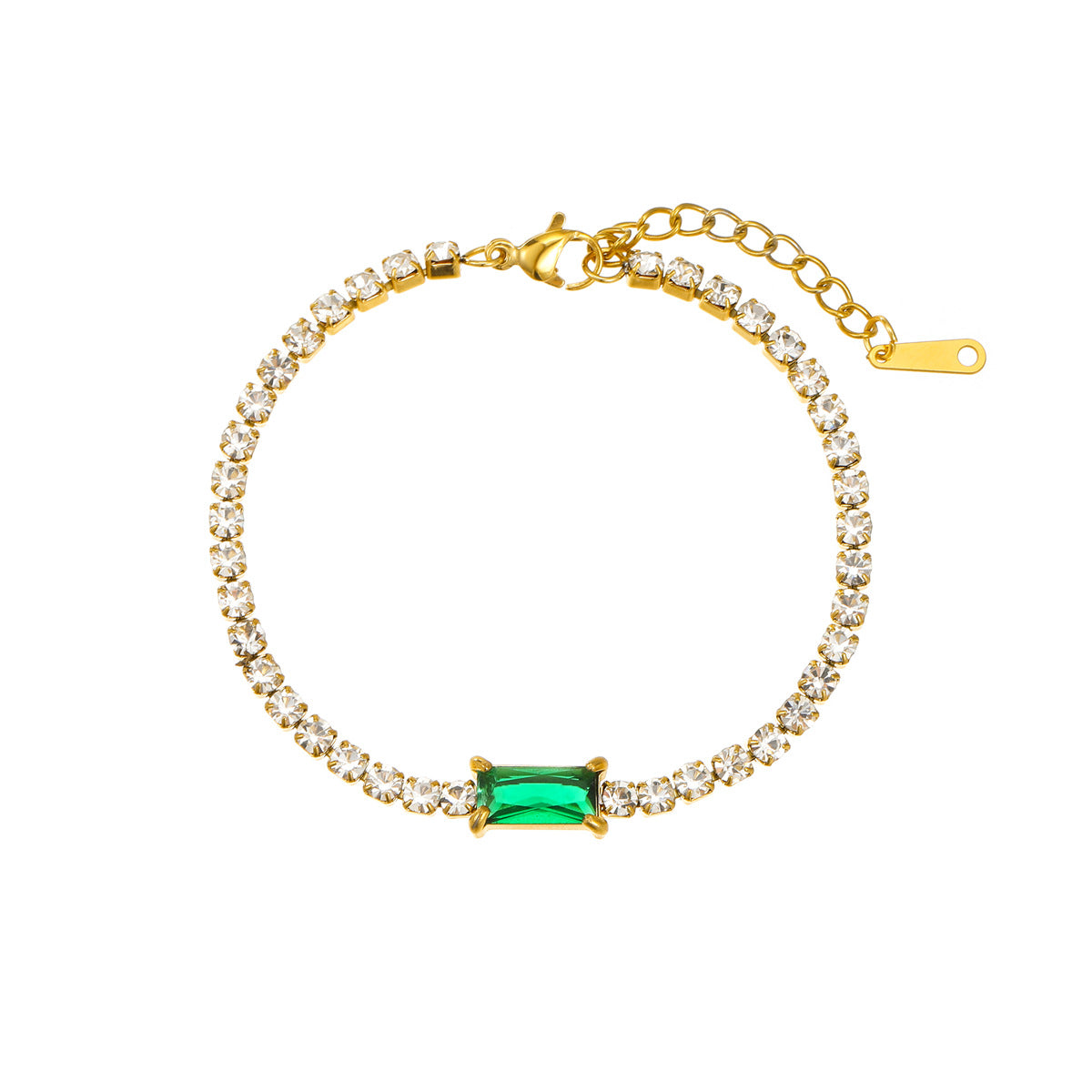 Bracciale da donna placcato oro 18 carati con zircone verde a forma di rettangolo, in acciaio inossidabile
