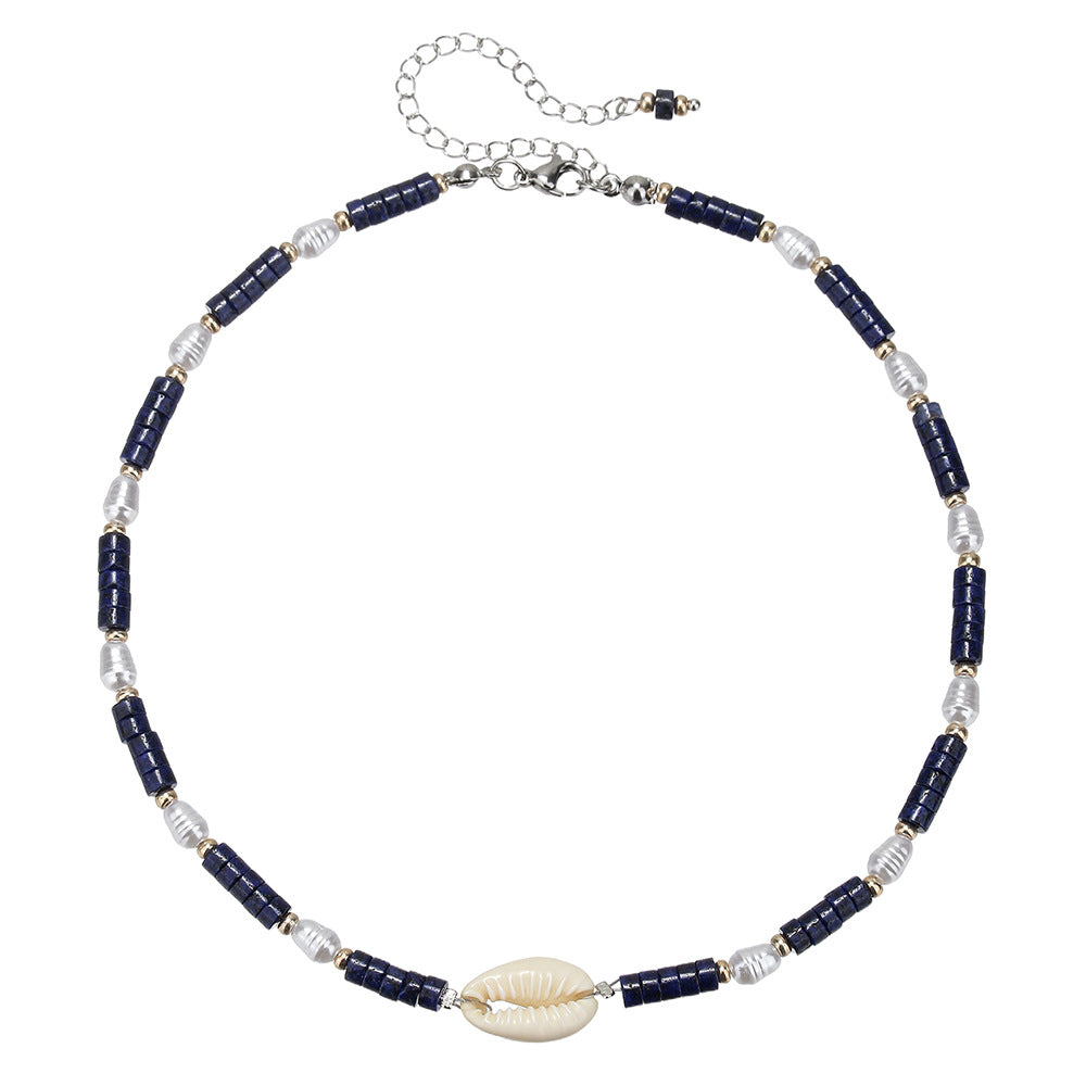 Collana bohémien geometrica con perline di lapislazzuli e accenti di perle imitation su catena a O in acciaio inossidabile per donna e uomo