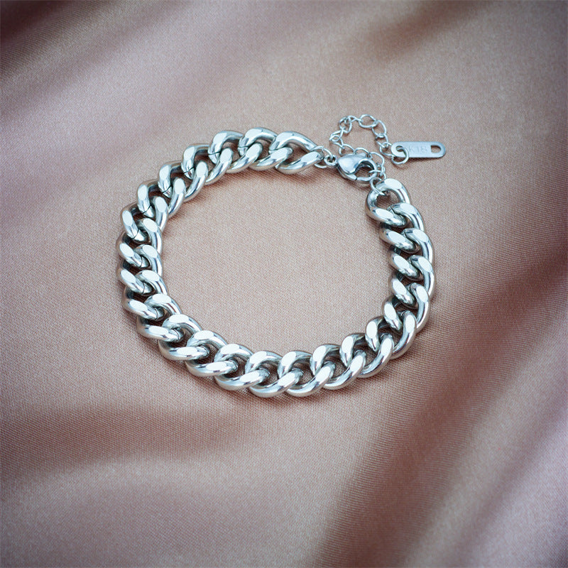 Retro Punk Style Gold-Plated Titanium Steel Necklace and Bracelet Set with Minimalist Chain Design for Women