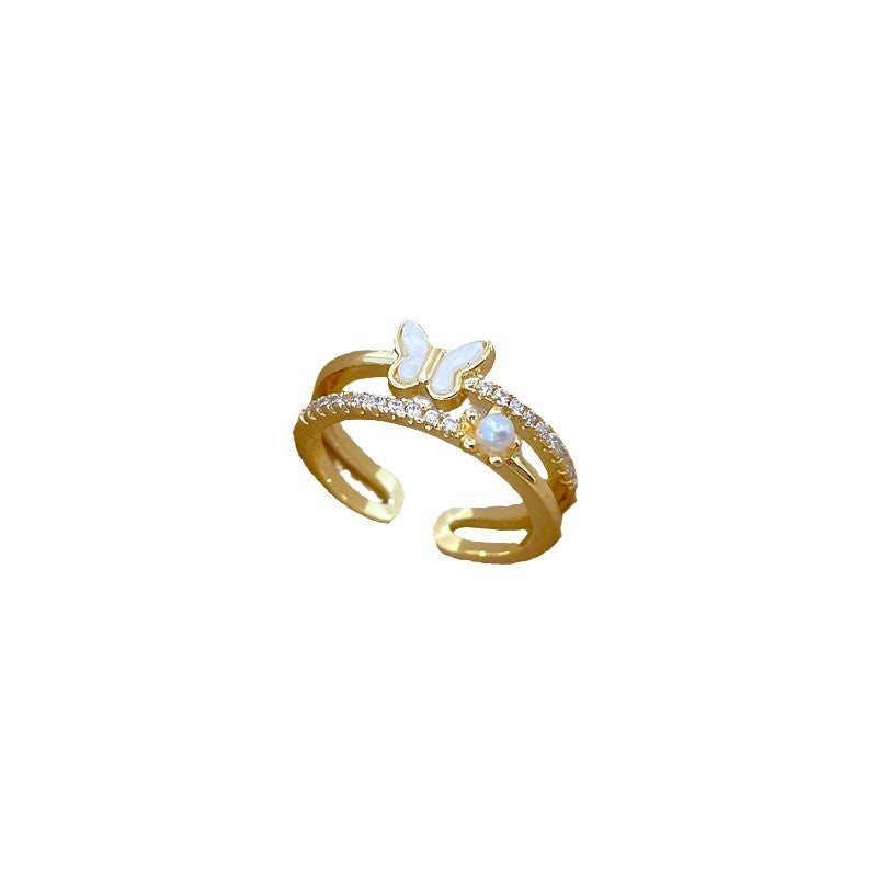 Sweet Minimalist Gold Plated Brass Butterfly Rhinestone Adjustable Ring for Women and Couples