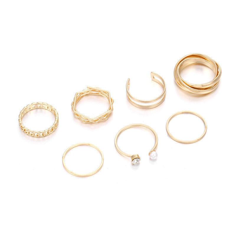 Vintage Geometric Round Alloy Plated Ring Set with Pearl Inlay for Women