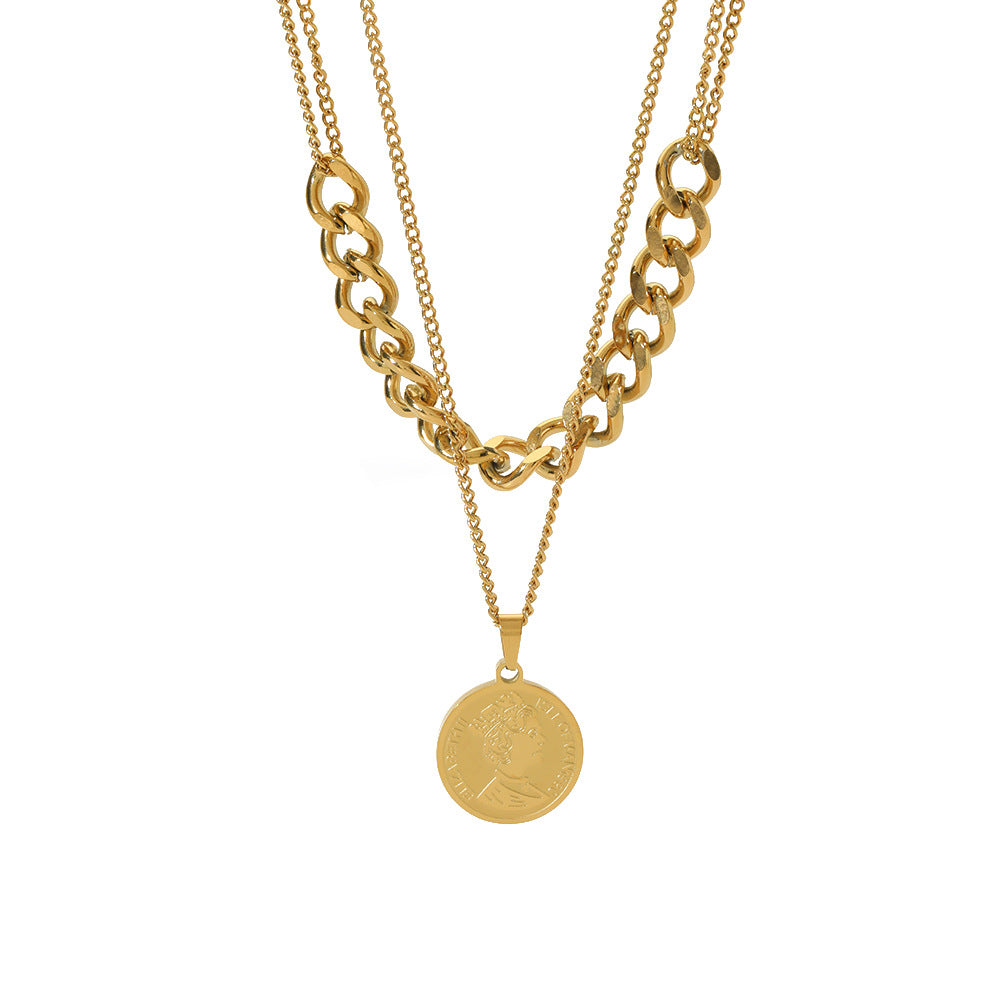 Minimalist Double-Layer Pendant Necklace with Circular Medallion Geometric Shape Titanium Steel Base and 18K Gold Plating for Women