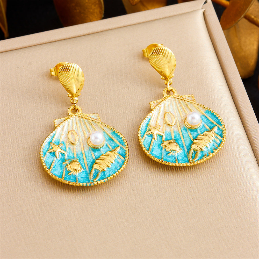 Pendientes de acero inoxidable para mujer con colgante de esmalte de vieira, estrella de mar y concha, con diseño de dibujos animados, bonitos, inspirados en el océano y con degradado.