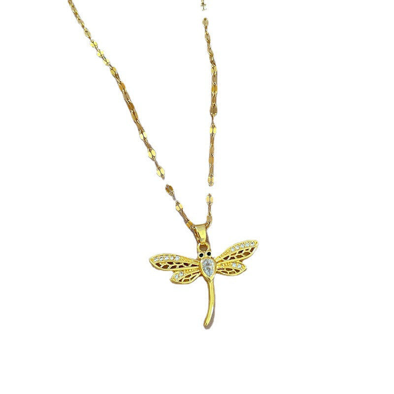Luxury Titanium Steel Hollow-Out Butterfly Pendant Necklace for Women with Micro-Pavé Gold Accents, Delicate Clavicle Chain