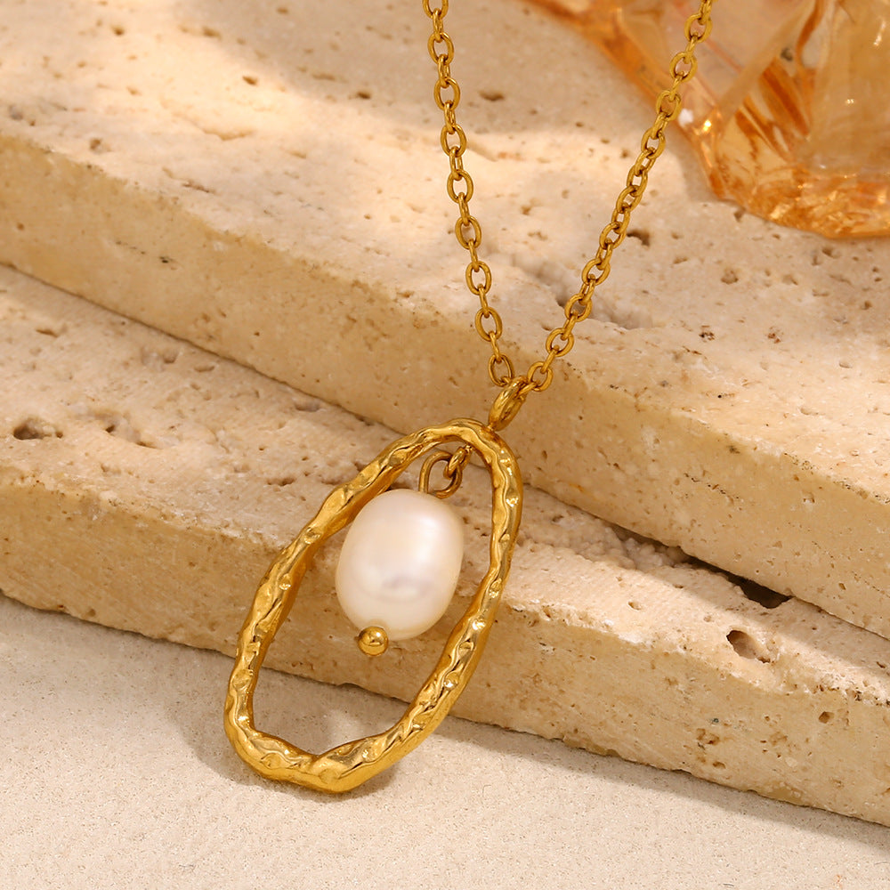 Vintage-Inspired Geometric Pendant Necklace for Women Stainless Steel with 18K Gold Plating and Pearl Accent