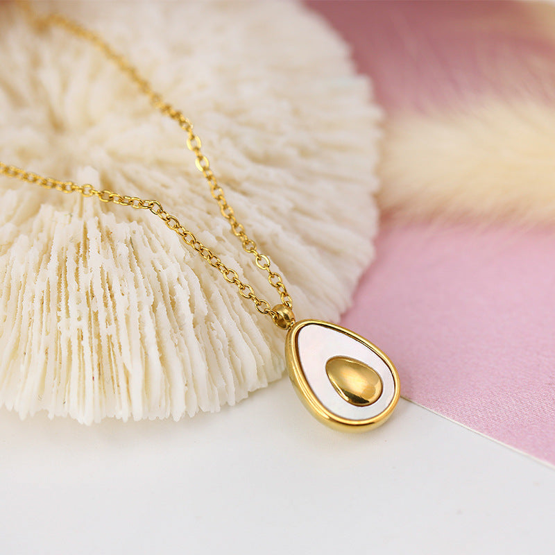 Minimalist Avocado Shell Pendant Necklace for Women in Titanium Steel with Gold Plating on Cross Chain