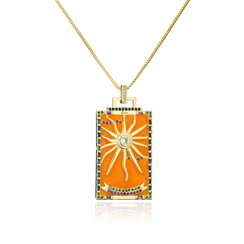 Minimalist Geometric Tarot Pendant Necklace in Copper with 18K Gold Plating and Zircon Inlay for Women