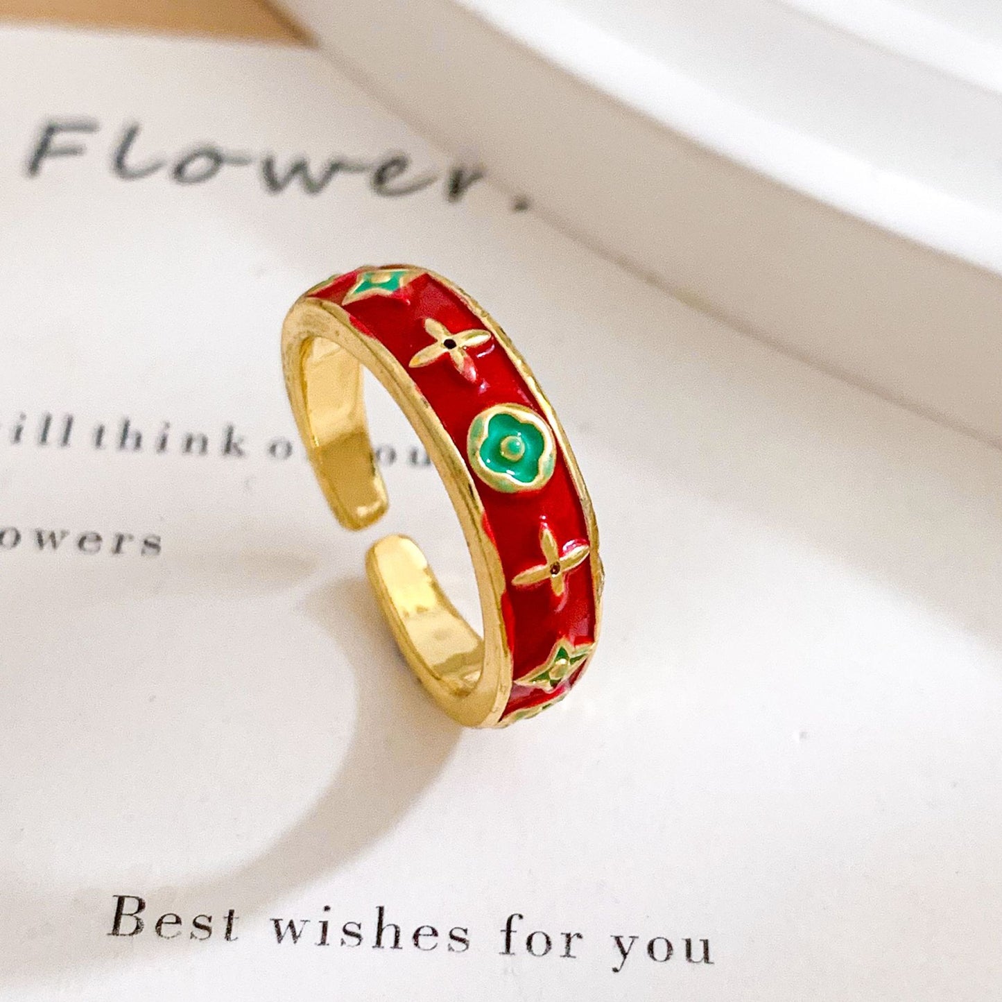 Anello aperto dolce floreale in ottone placcato oro da donna