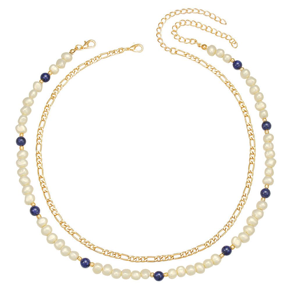 Handmade Geometric Round Imitation Pearl Leather Cord Necklace Unisex Double Layer