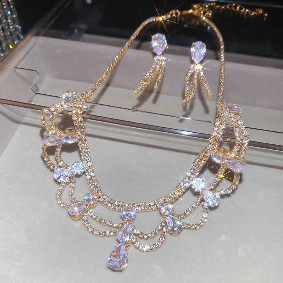 Elegant Floral Edge Stud Earrings and Clavicle Necklace Set in Copper with Zircon Inlay for Women