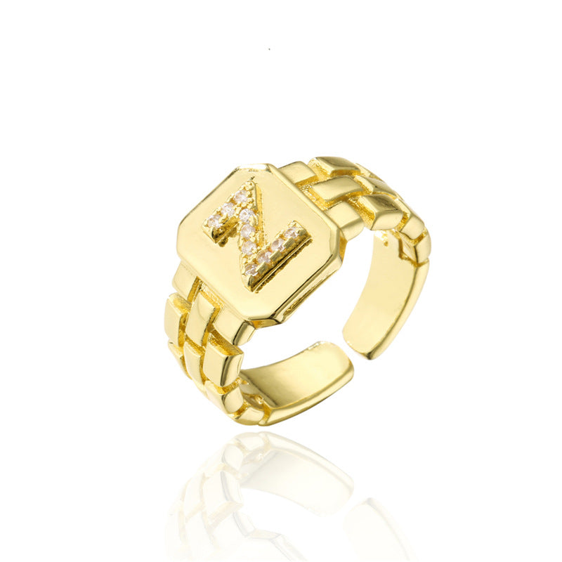 Minimalist Adjustable Open Ring with 18K Gold Plated Copper Band and AAA Zircon Letters Design