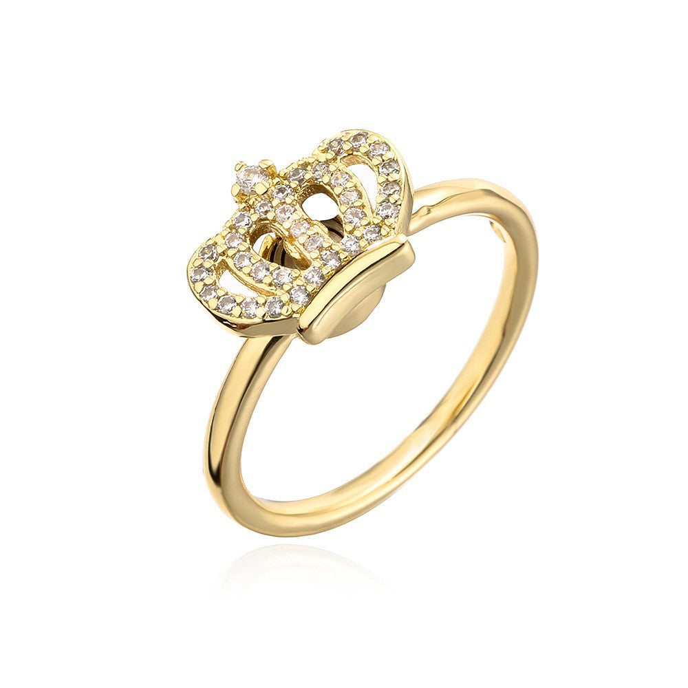 INS Style Geometric Copper Ring with 18K Gold Plating and Micro-Paved Zirconia Crown Star Design