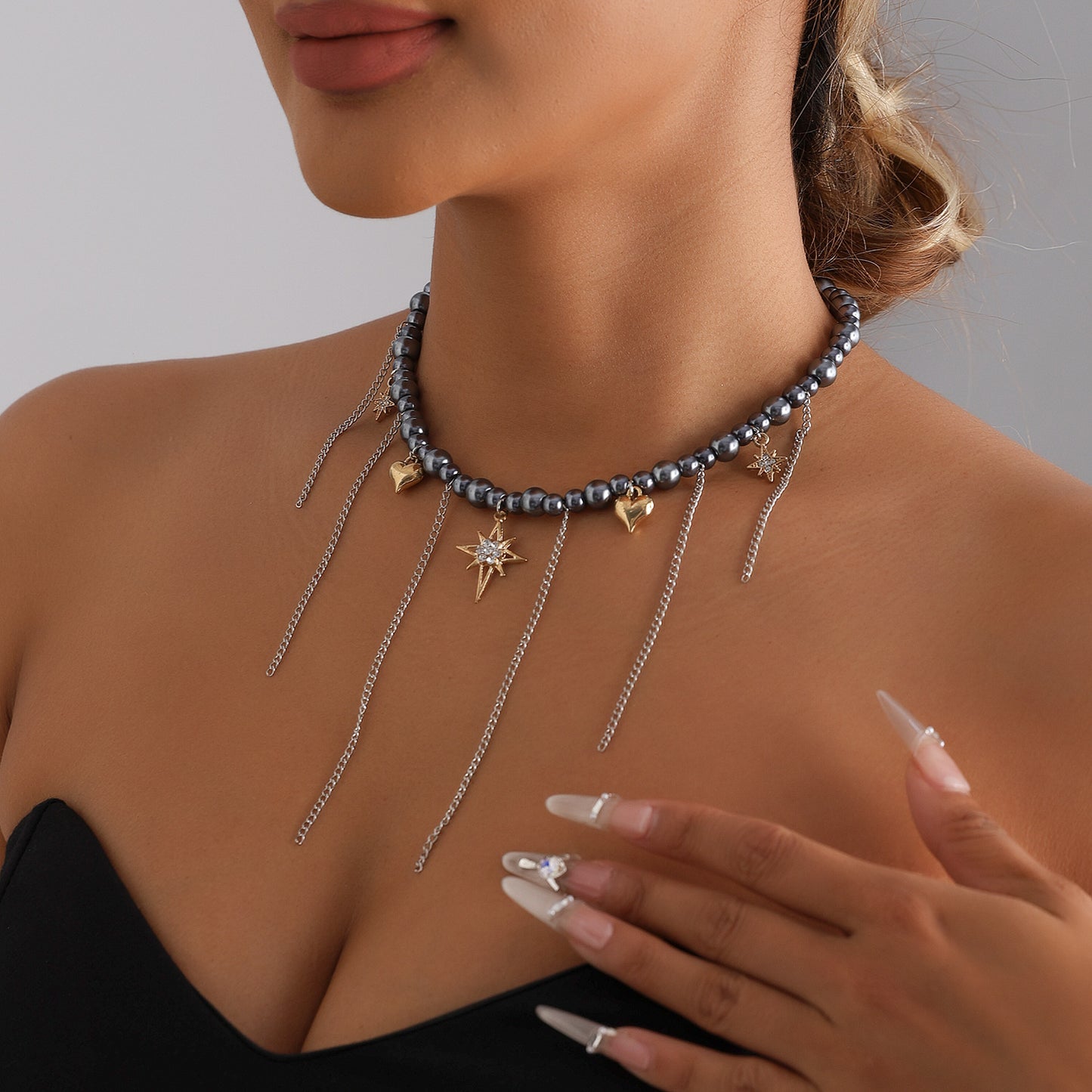 Minimalist Alloy Plated Star Heart Geometric Pendant Necklace with Tassel