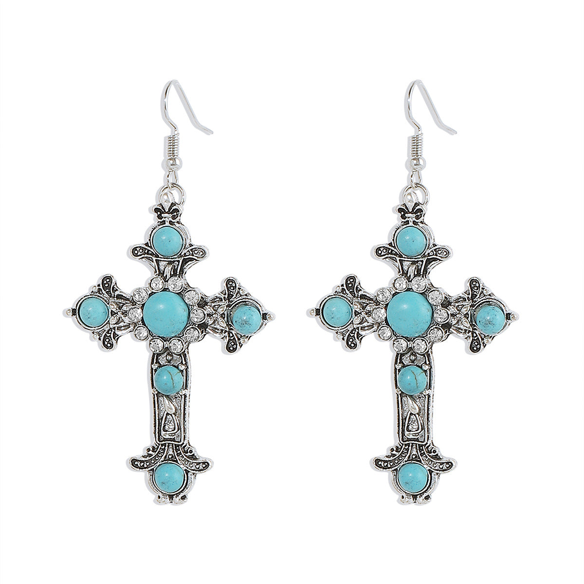 Pendientes de cruz geométrica de turquesa de inspiración vintage en aleación con acabado chapado para mujer