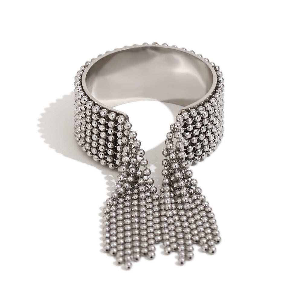 Minimalist Geometric Stainless Steel Plated 18K Gold Beaded Tassel Wide Cuff Bracelet for Women
