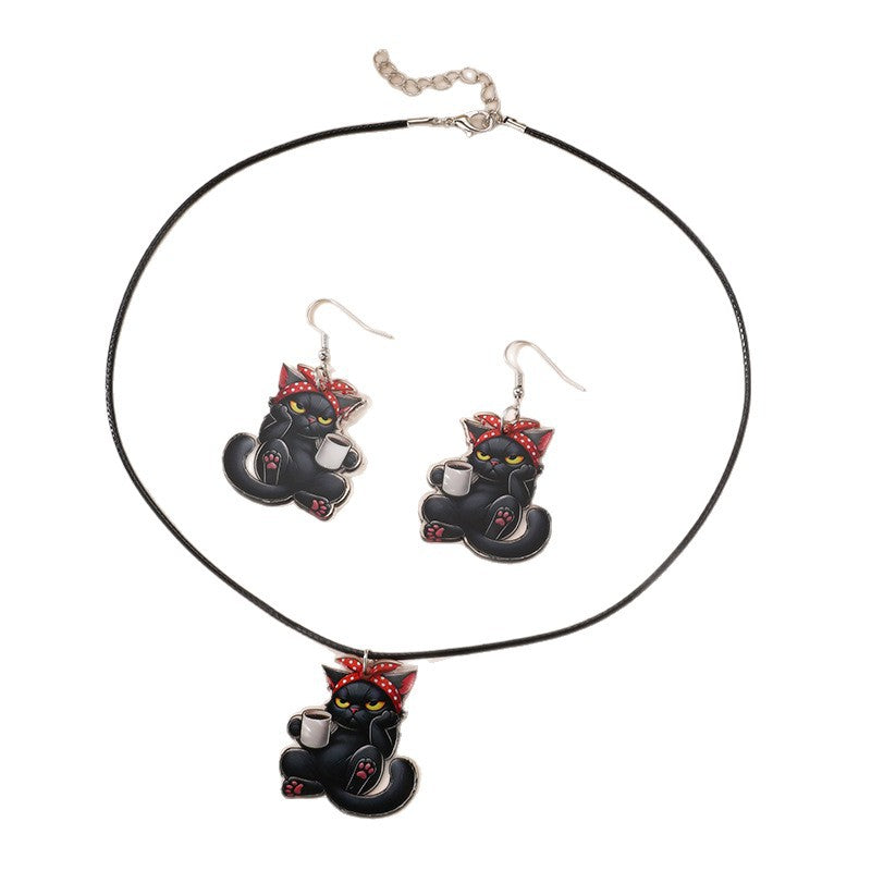 Juego de collares con colgante de gato de Halloween para niñas con diseño de lazo, material de resina, acabado esmaltado, cadena de cuentas redondas, joyería navideña para niños