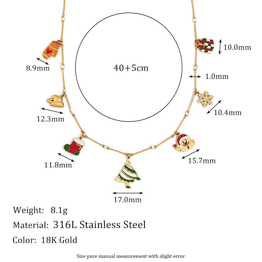 Collana con ciondolo a cartone animato natalizio carino da donna, in acciaio inossidabile con placcatura in oro 18 carati, catena a serpente con motivi a fiocco di neve, renna e campanella di Babbo Natale