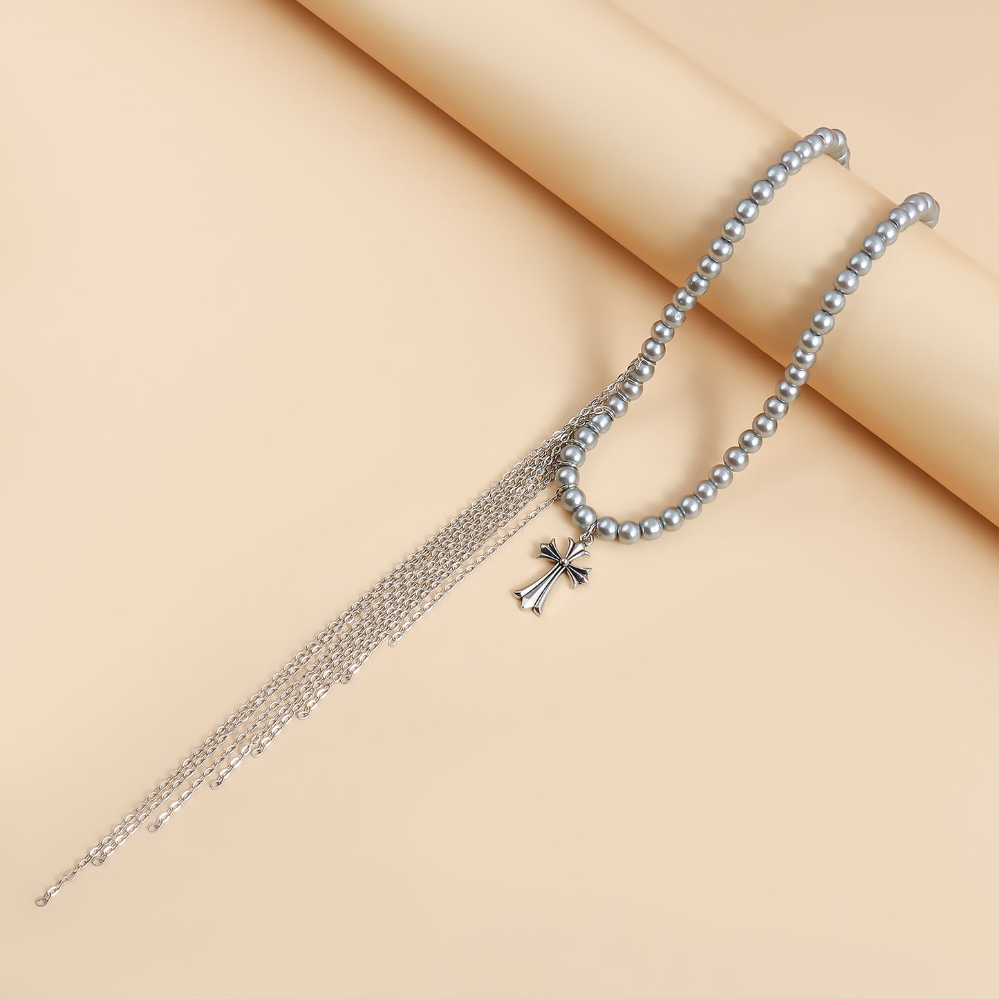Geometric Cross Pendant Necklace with Glass Beads and Plated Alloy, Sweet-Edgy Style Clavicle Chain for Women
