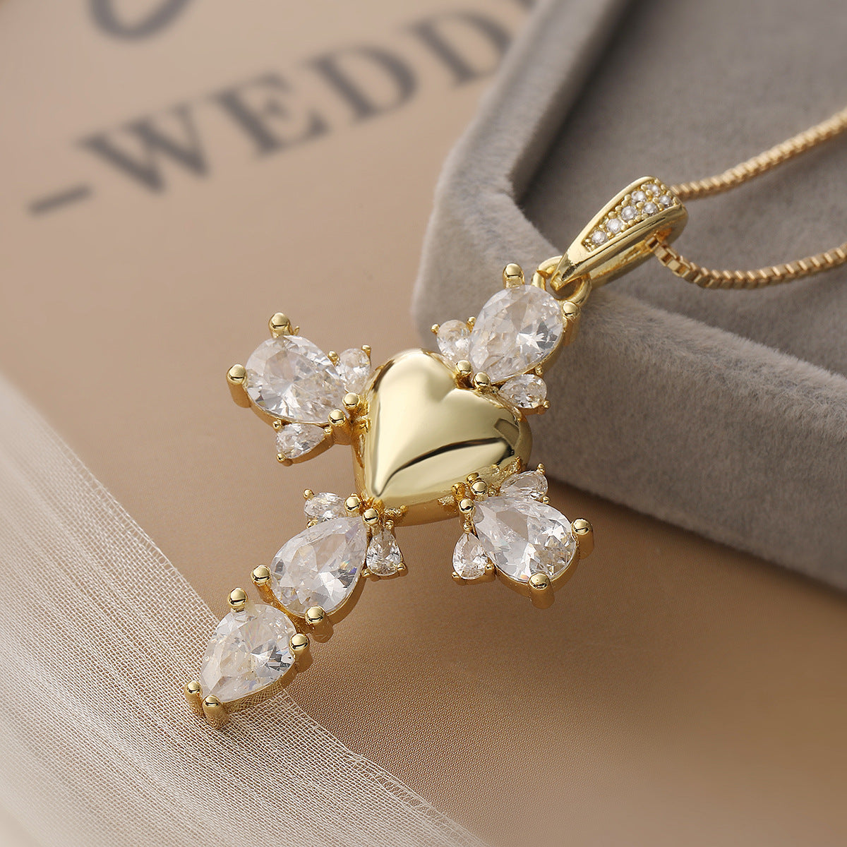 Minimalist Elegant 18K Gold Plated Brass Geometric Cross Pendant Necklace with Cubic Zirconia for Women