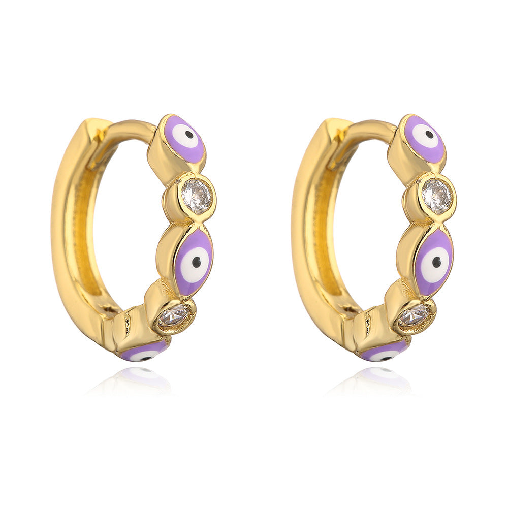 Orecchini a Cerchio Geometrici Minimalisti in Rame con Placcatura in Oro 18K e Design a Occhio di Allah in Zirconia Smaltata per Donna
