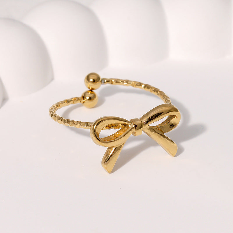 Cute Bow-Shaped Adjustable Open Ring in Stainless Steel with Gold Plating for Women