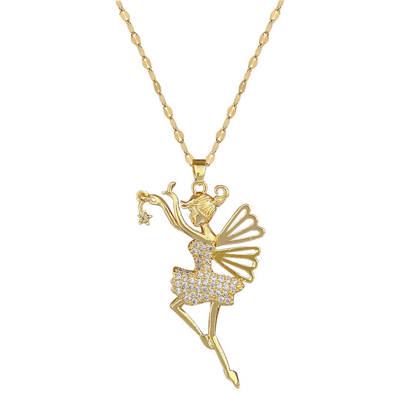 Elegante collana con ciondolo a forma di ballerina, impreziosita da strass, per donna, con catena in acciaio al titanio, pendente geometrico e design delicato sulla clavicola