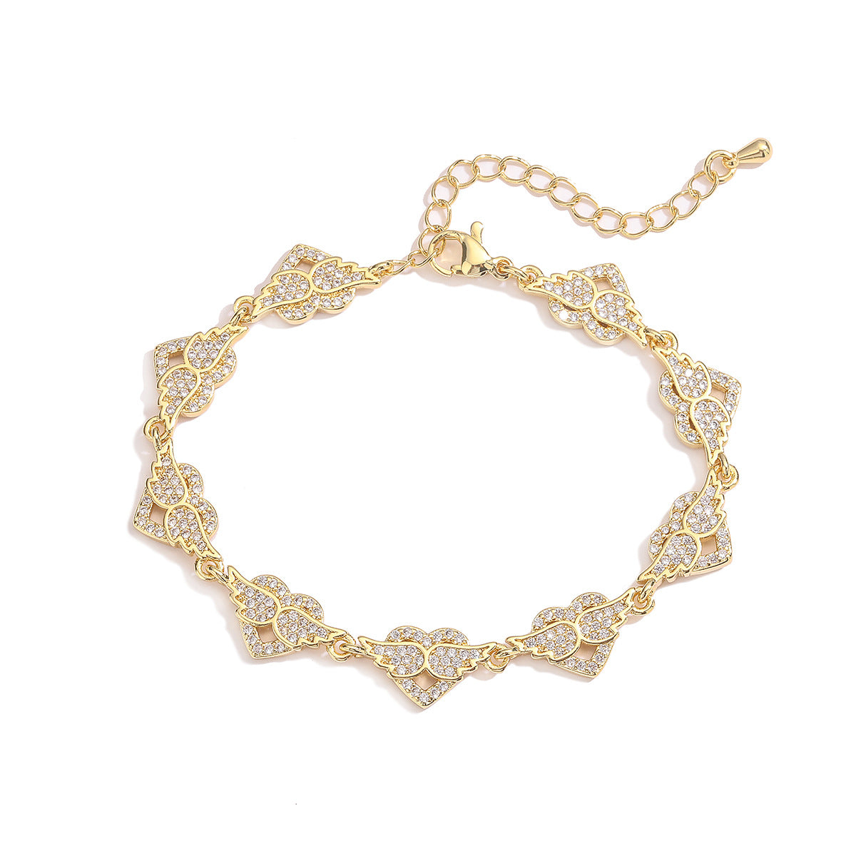 Bracciale da donna placcato in oro vero con zirconi micropavé a forma di cuore e aeroplano, alla moda