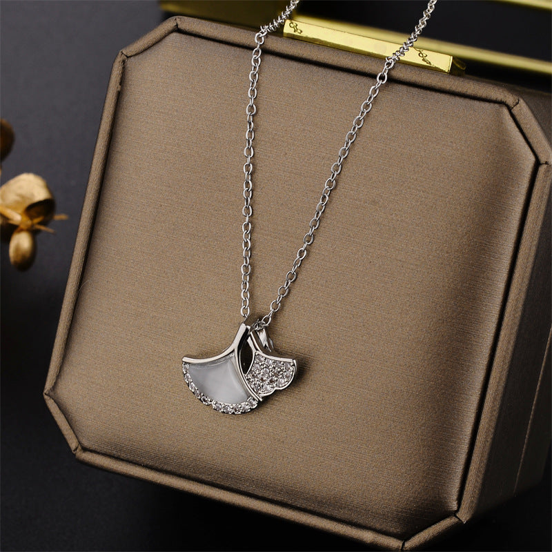 Minimalist Ginkgo Leaf Pendant Necklace in Titanium Steel with White Mother-of-Pearl Inlay on Ball Chain