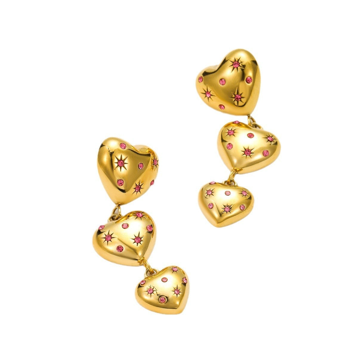 Pendientes colgantes de circonita rosa en forma de corazón de estilo vintage para mujer, de acero de titanio, hipoalergénicos, con acabado chapado.