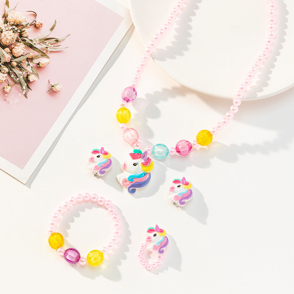Set di collane con ciondolo unicorno a fumetti per bambini, gioielli a forma di animale in resina plastica con catena di perline rotonde, accessorio da spiaggia estivo
