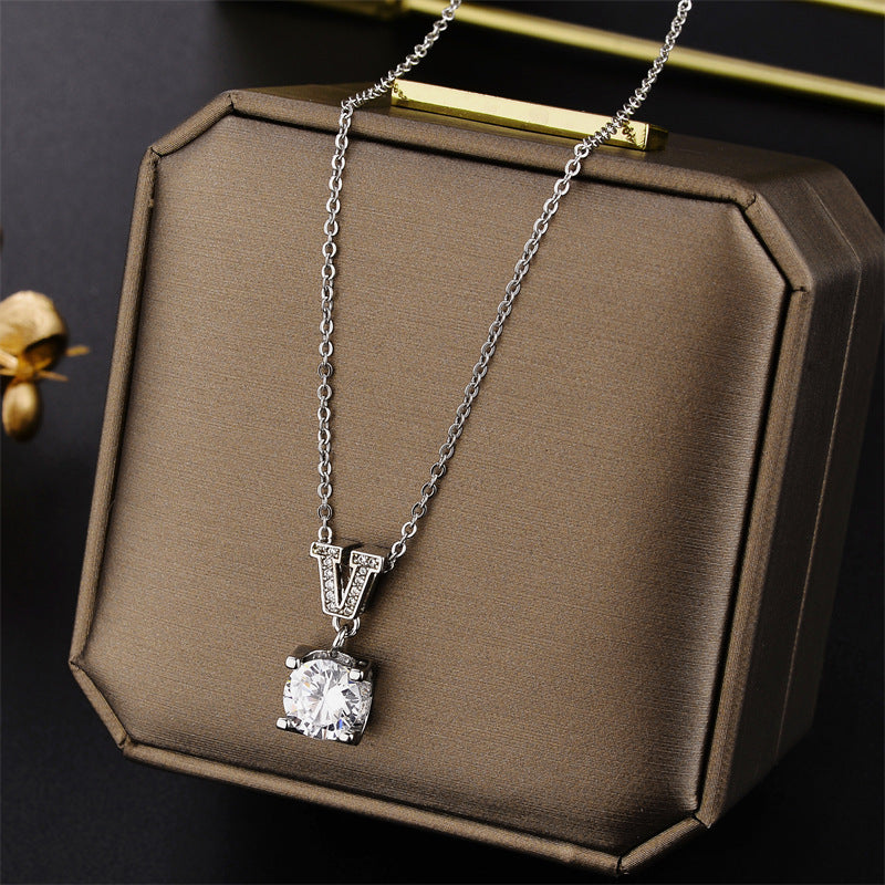 Minimalist Geometric Letter Pendant Necklace in Titanium Steel with Rhinestone Inlay and Plated Finish