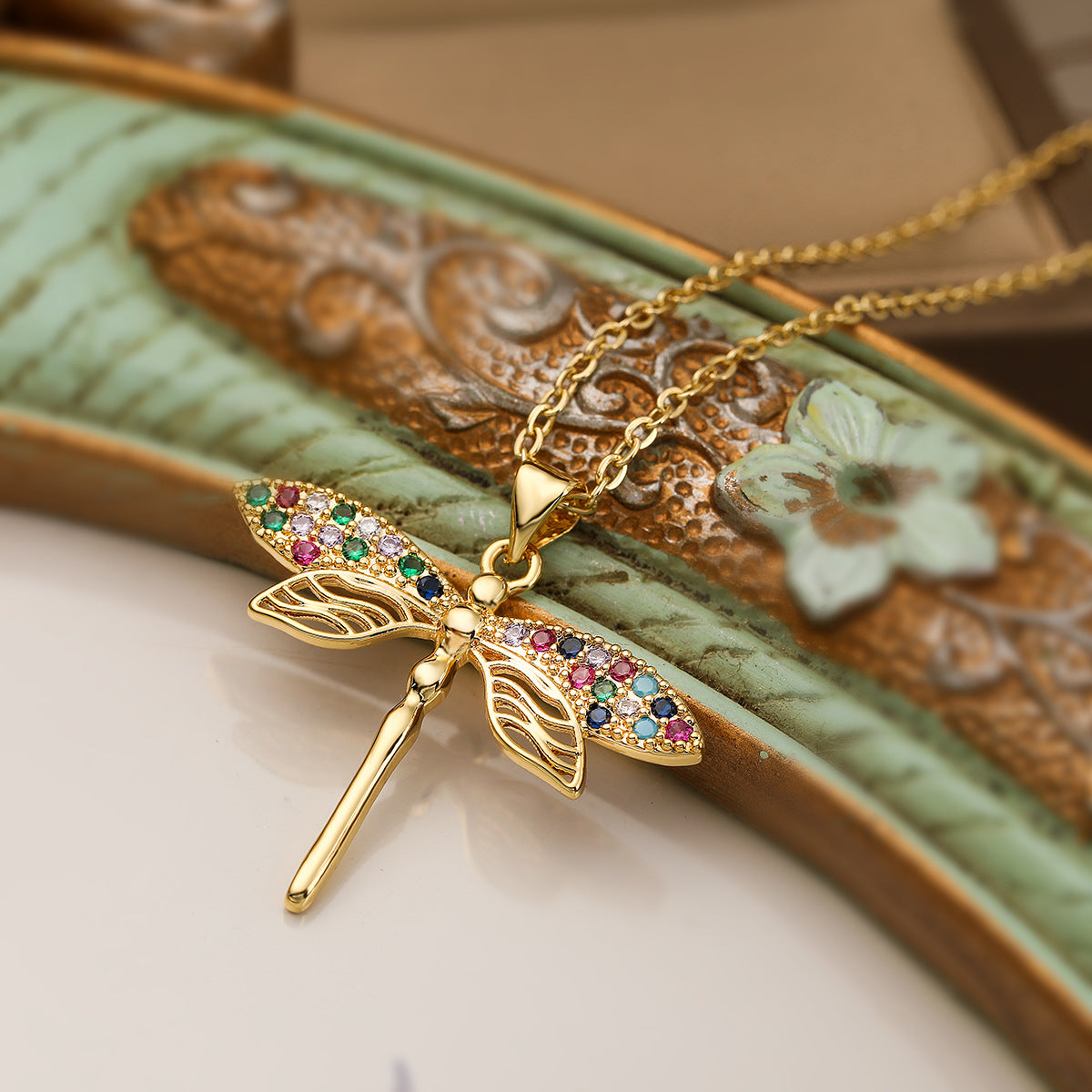 Minimalist Dragonfly Pendant Necklace for Women with Copper Base Plated in 18K Gold and Zircon Inlay
