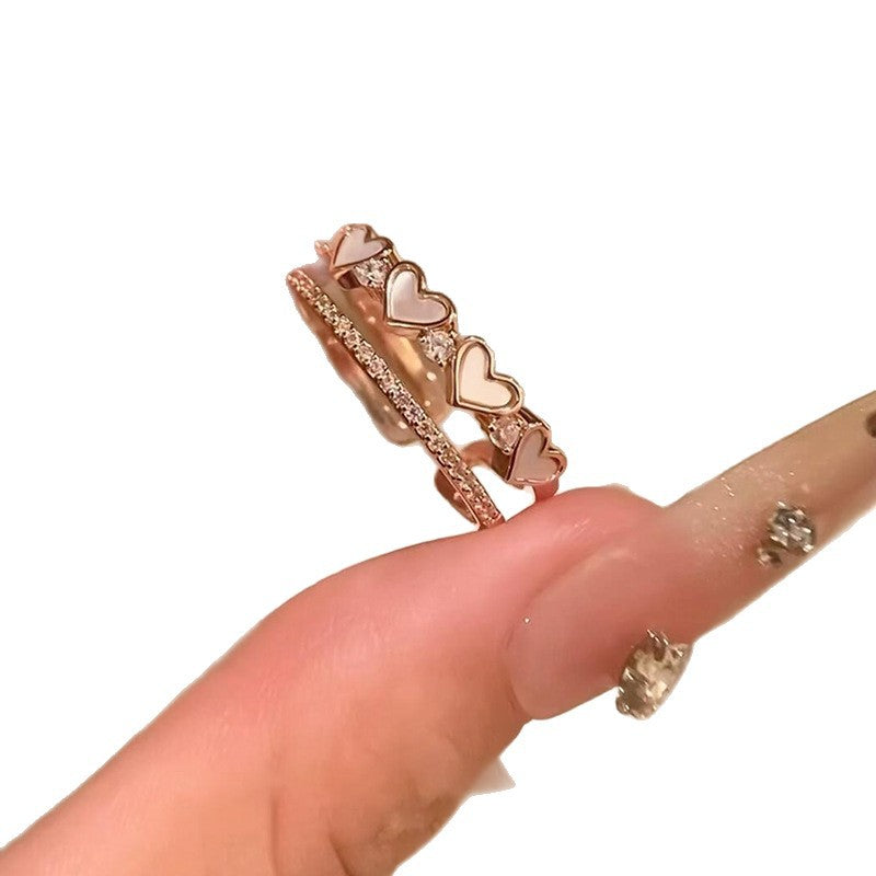 Anillo Abierto de Doble Capa con Forma de Corazón Minimalista Elegante para Mujer Hecho de Cobre con Incrustaciones de Circonita