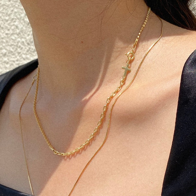 Minimalist Cross Pendant Necklace for Women in 925 Sterling Silver with Gold Plating and Geometric Design