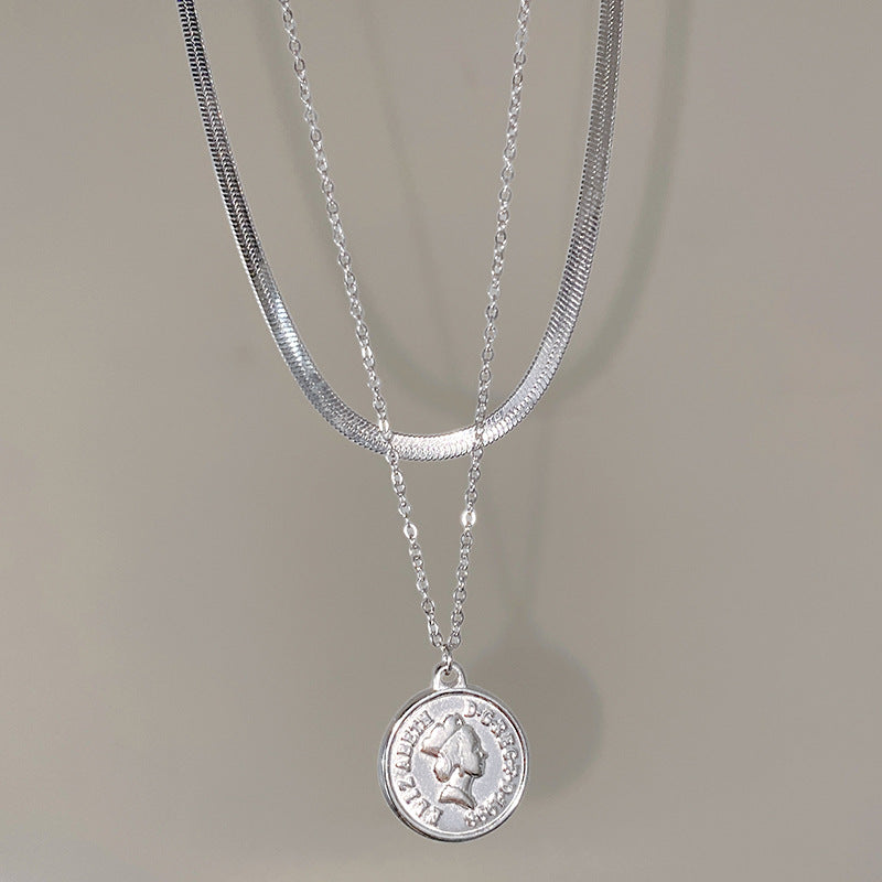 Sweet Streetwear Round Geometric Titanium Steel Plated Pendant Snake Chain Necklace for Unisex