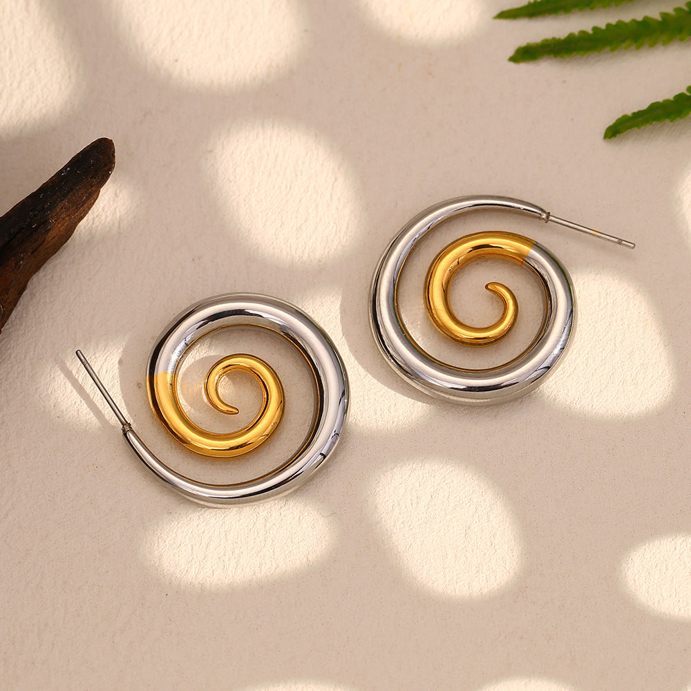 Pendientes de Acero Inoxidable Geométricos Minimalistas con Baño de Oro de 18K y Diseño Espiral Ahumado para Mujer
