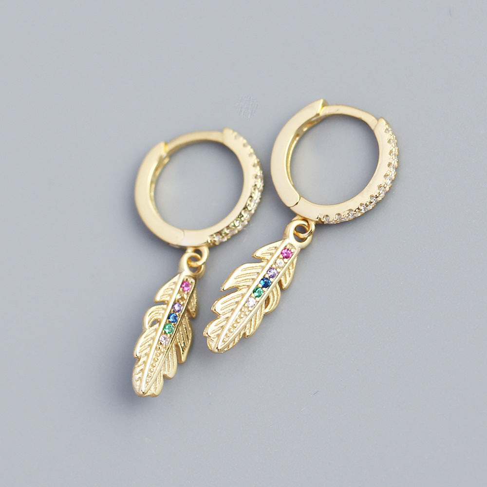 Eleganti Orecchini a Cerchio in Argento Sterling 925 a Forma di Piuma con Zirconi Cubici Colorati
