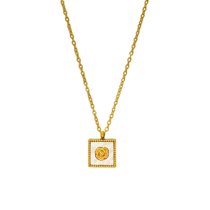 Luxury Square Floral Rose Gold Plated Brass Pendant Titanium Steel Necklace for Unisex