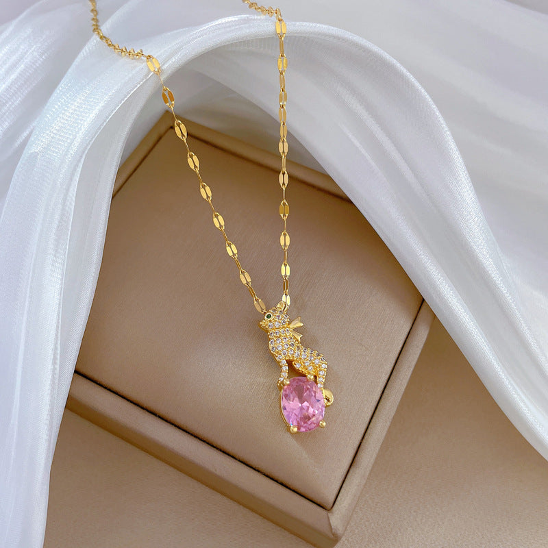 Minimalist Leopard Pendant Necklace for Women and Men Stainless Steel Snake Chain with Rhinestone Inlay Geometric Design