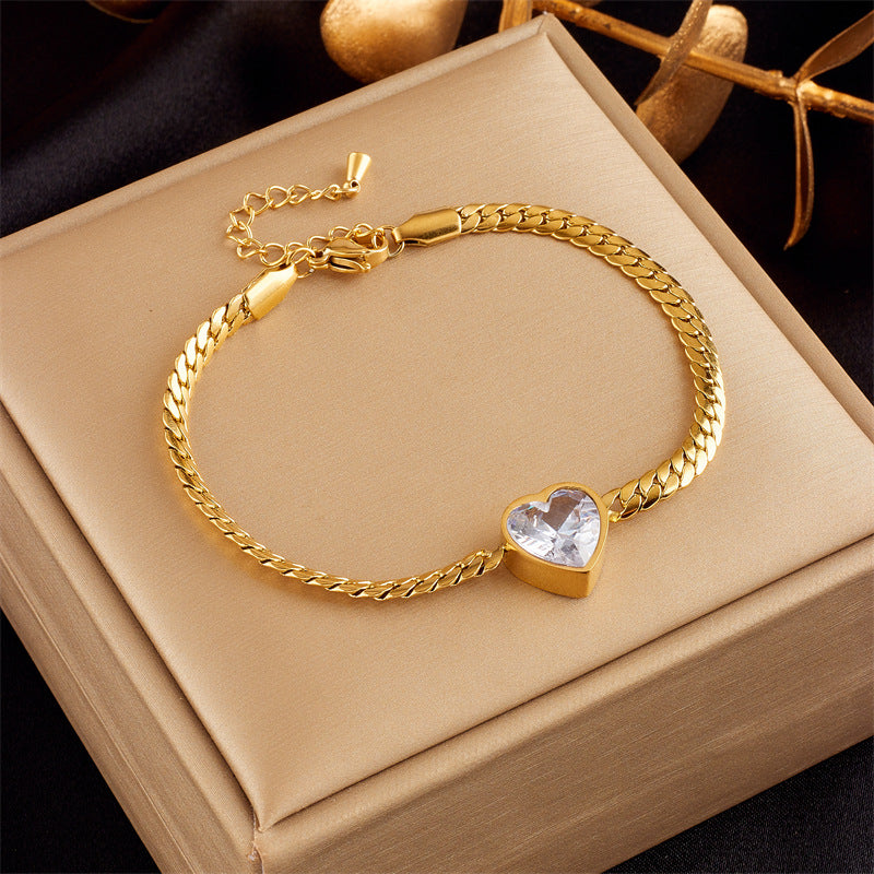 Vintage Minimalist Rhinestone Heart-Shaped Interwoven Braided Stainless Steel Bracelet for Women