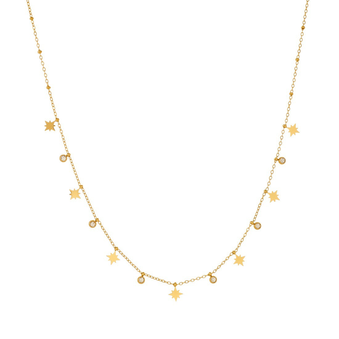 Minimalist Gold Plated Stainless Steel Eight-Pointed Star Round Rhinestone Pendant Necklace for Women
