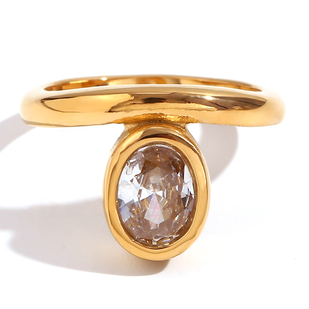 Anello Minimalista a Corona Ovale con Zirconi da Donna in Acciaio Inossidabile Placcato Oro 18K