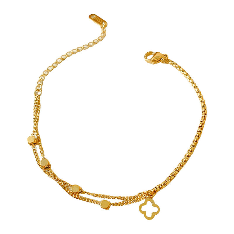 Minimalist Hollow Four-Leaf Clover Plant Design Titanium Steel Figaro Chain Bracelet