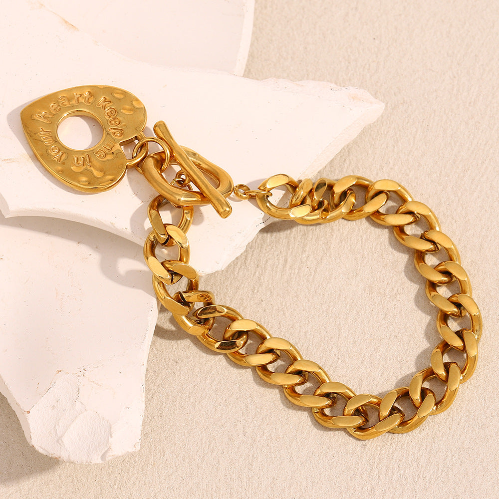Minimalist Heart-Shaped Stainless Steel Plated 18K Gold Cuban Chain Bracelet for Women